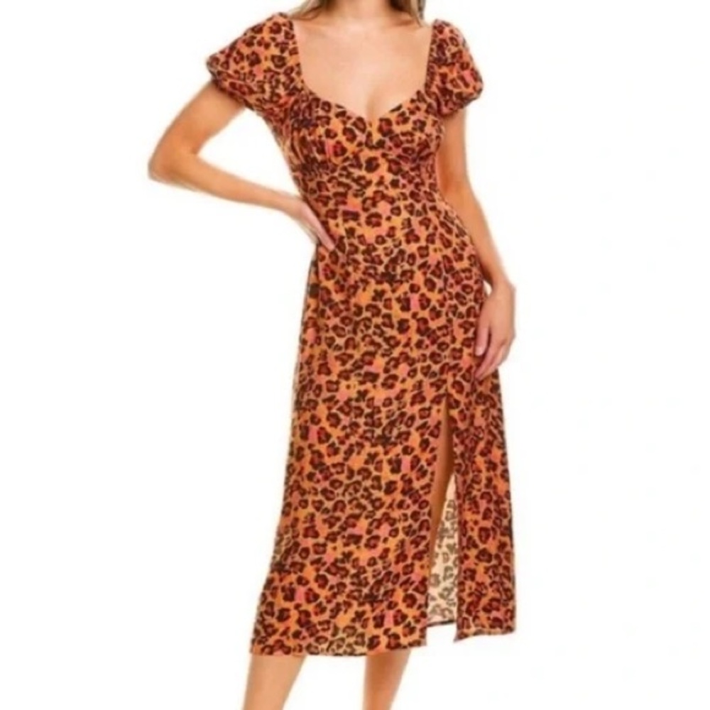 For Love and Lemons Leopard Print Puff Sleeve Midi Dress - Size XS/US 4